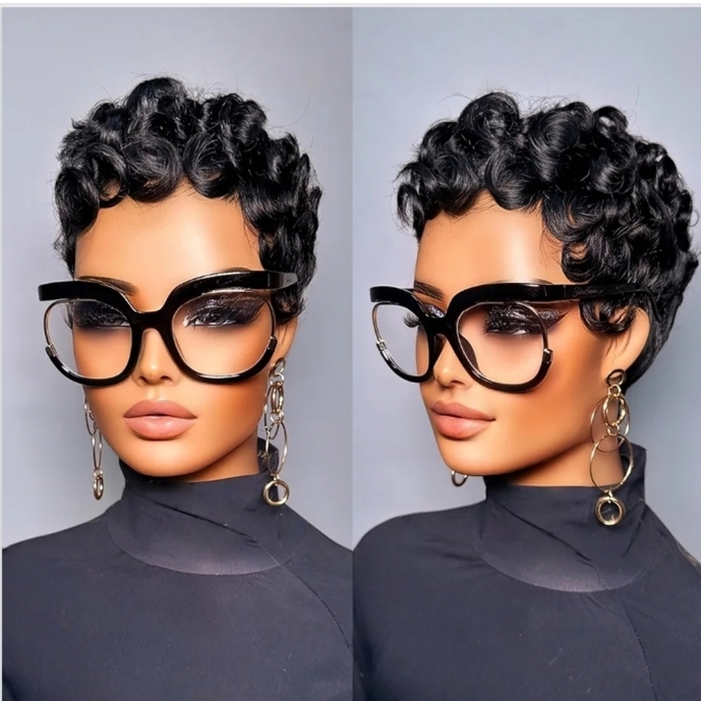 Short Curly Wigs Natural Black Color No Lace Front Hair (1b)